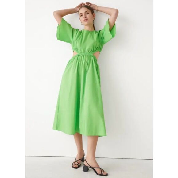 & Other Stories Green Cut Out Waist Cotton Midi Dress Sz 6 - Picture 1 of 13